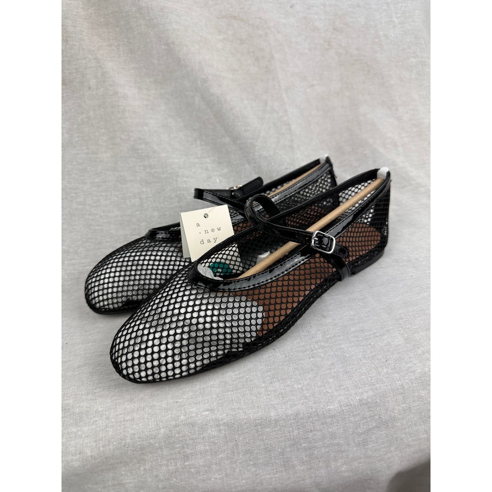 A New Day Womens Black Mesh Mary Jane Flats Shoes Size 8 NWT Buckle Strap